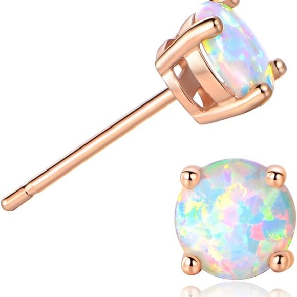 Stunning Rose Gold Plated Opal Studs, 18K Rose Gold Plated Opal Stud Earrings 6M - Picture 1 of 5